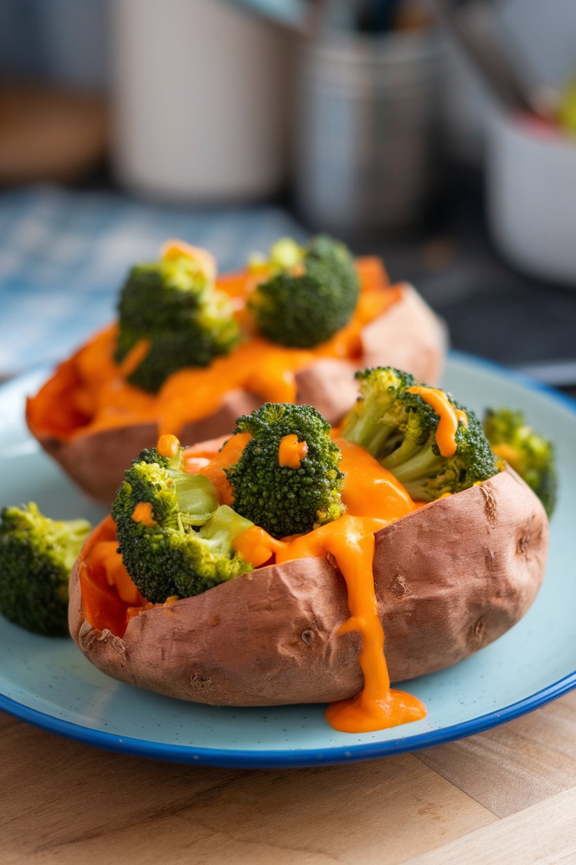 Photo of an indoor plate with halved baked sweet potatoes overflowing with broccoli florets and melted cheddar, no text or logos