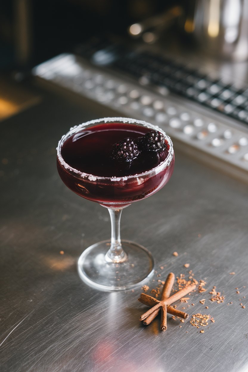 Indoor bar surface, coupe of deep purple blackberry margarita, allspice berries sprinkled nearby; no text or logos.