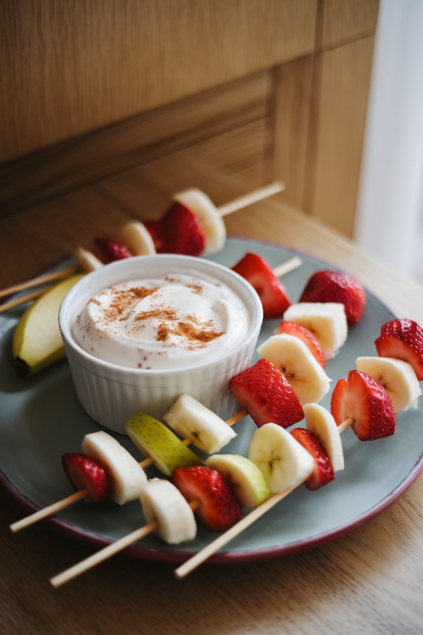 An indoor snack plate featuring wooden sticks threaded with apple, banana, and strawberry pieces, alongside a ramekin of cinnamon-speckled Greek yogurt. Photo, no branding.