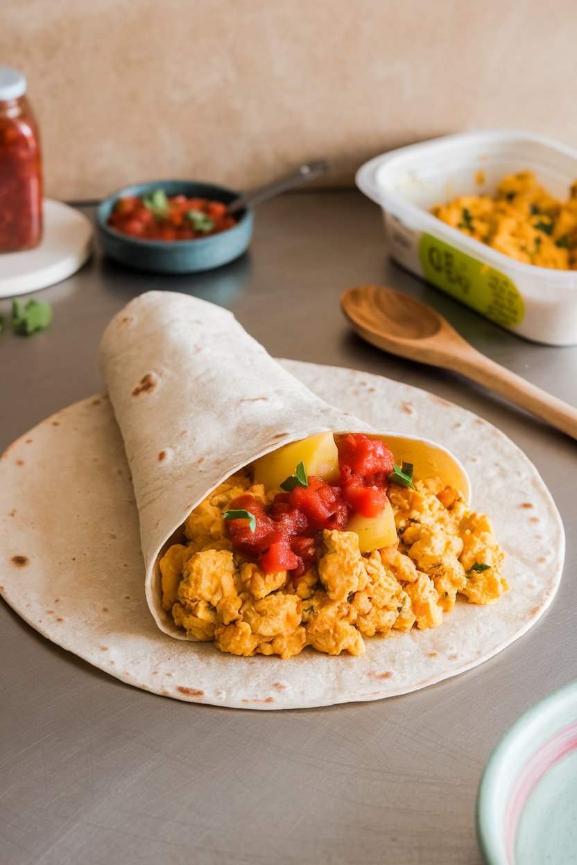 An indoor counter with a tortilla filled with golden tofu scramble, potatoes, and salsa, burrito halfway rolled. No text or logos; photo, not illustration.