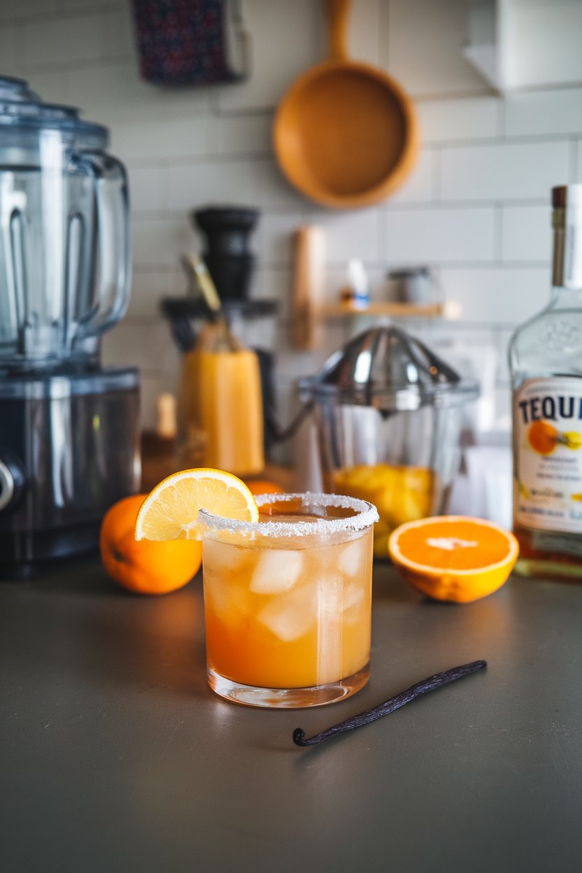 Indoor kitchen counter, rocks glass of orange-hued persimmon margarita, vanilla bean resting alongside; no logos.