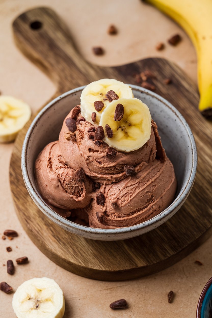 Indoor dessert bowl of creamy chocolate nice cream garnished with banana slices and cacao nibs. No text or logos.