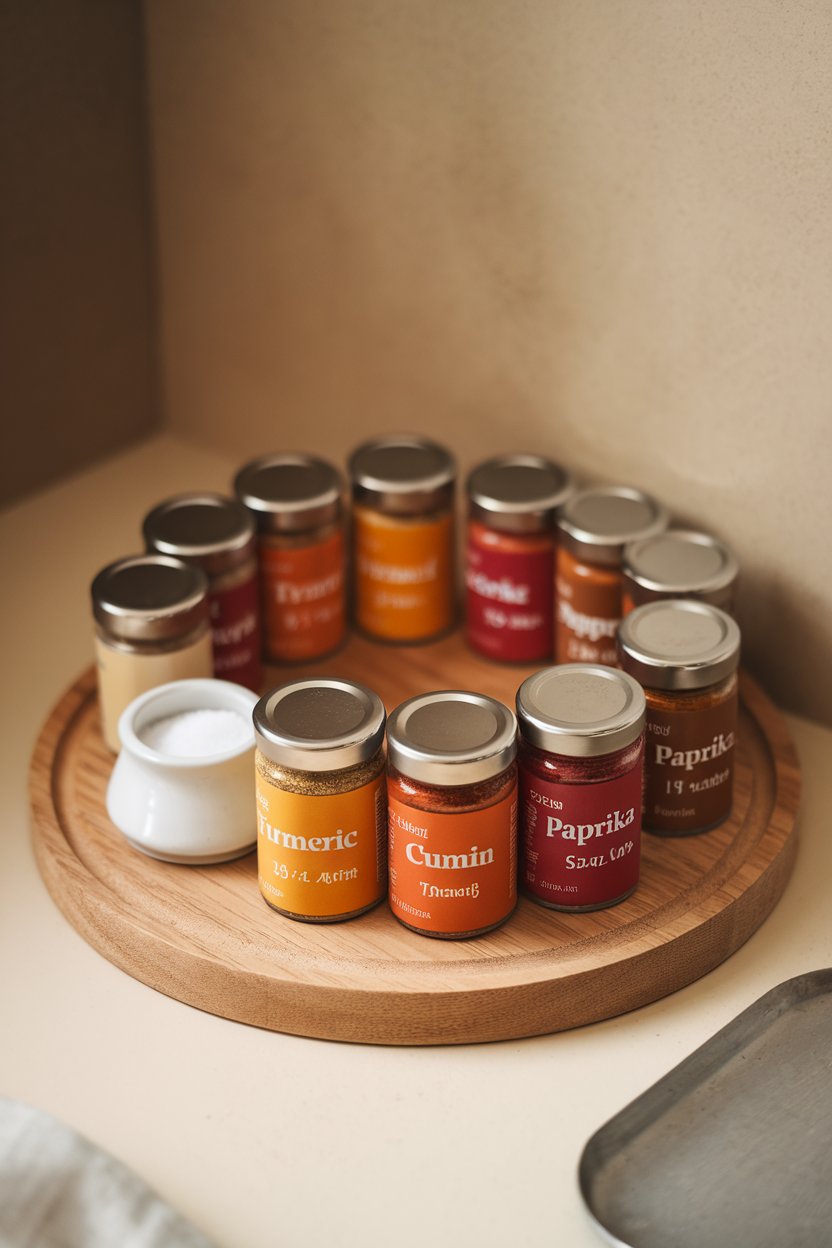 Indoor photo of a spice rack featuring colorful jars of turmeric, cumin, and paprika beside a small salt cellar, no logos or text.