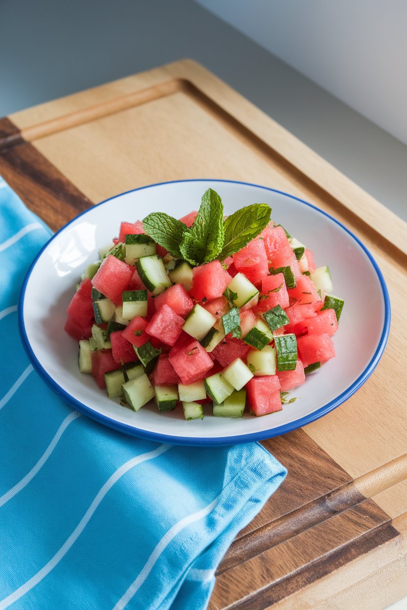 Indoor serving dish of colorful diced watermelon, cucumber, and mint salsa—bright lighting, no text or logos.