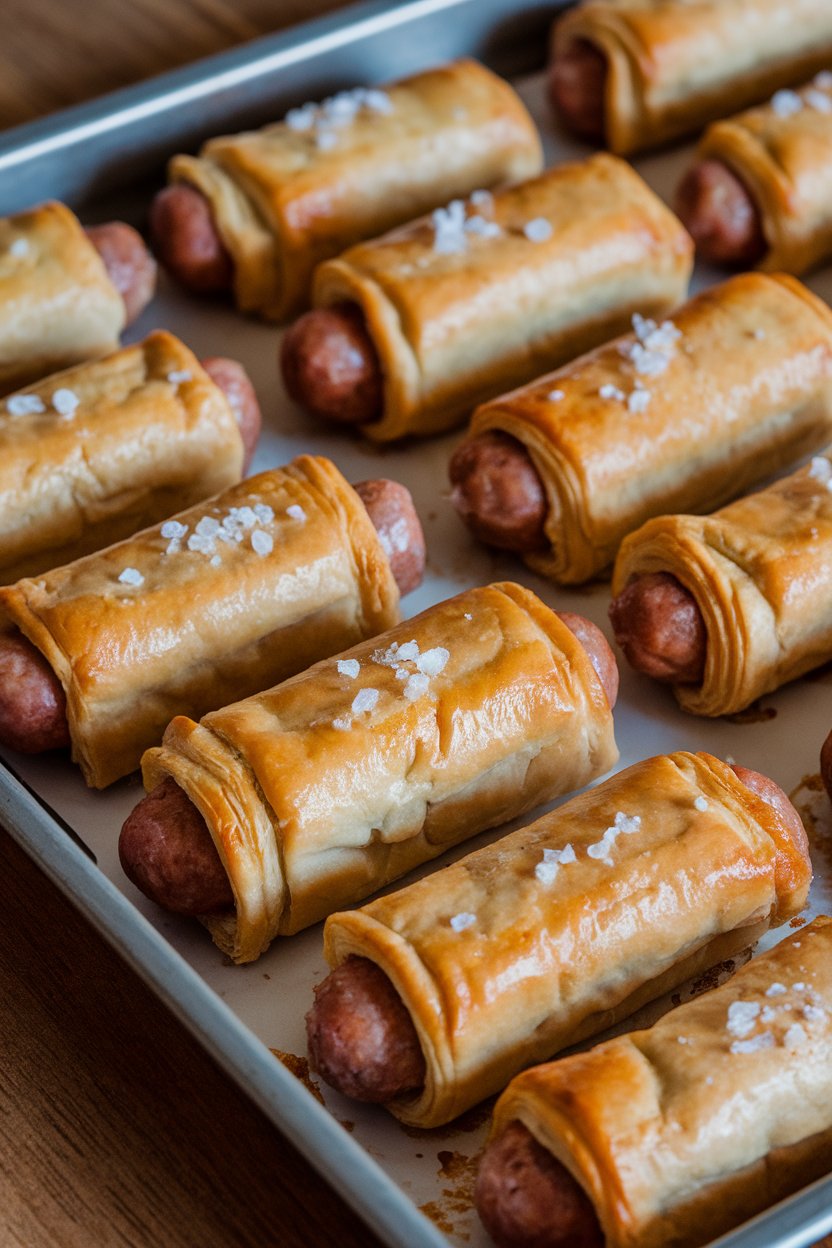 A baking tray indoors lined with golden puff pastry-wrapped sausages, flecks of sea salt on top—no text or logos. Photo.