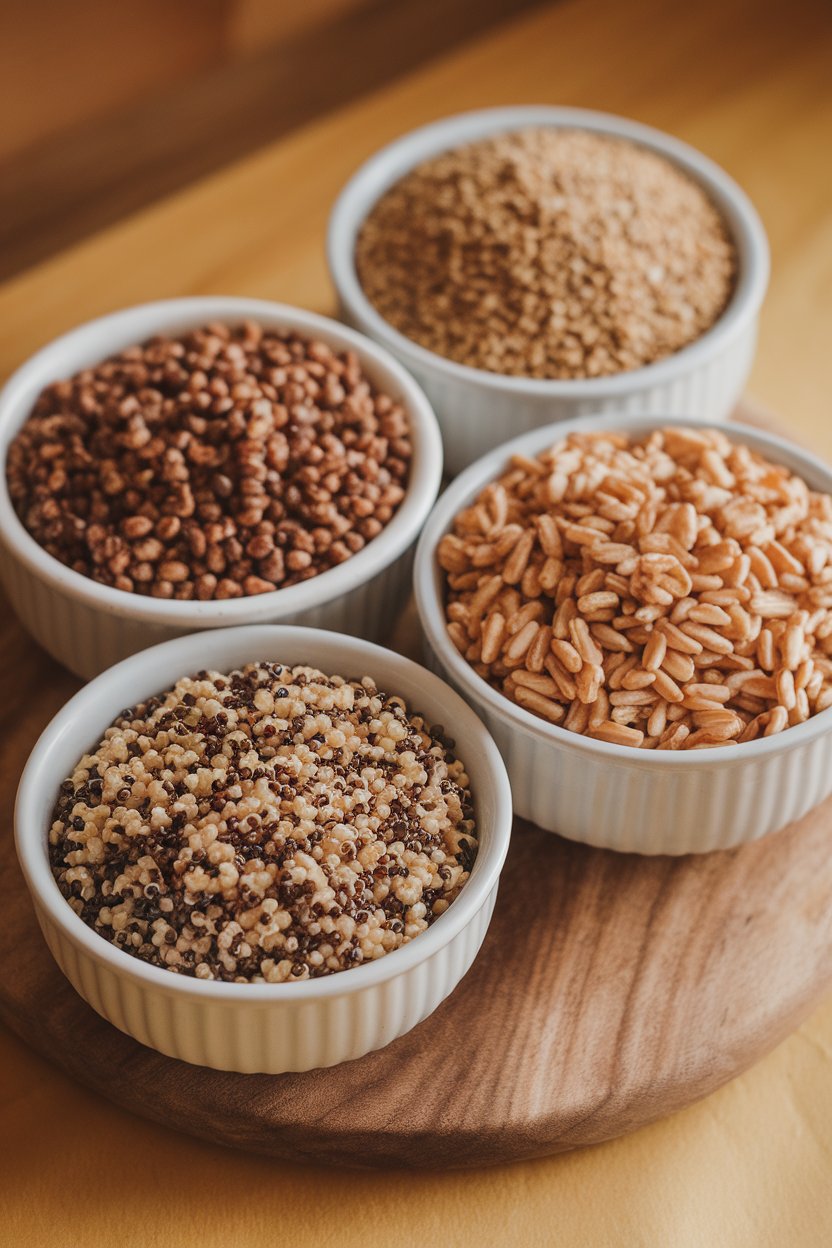 Photo — A trio of cooked quinoa, farro, and bulgur displayed in small indoor bowls under warm light. No text or logos visible.