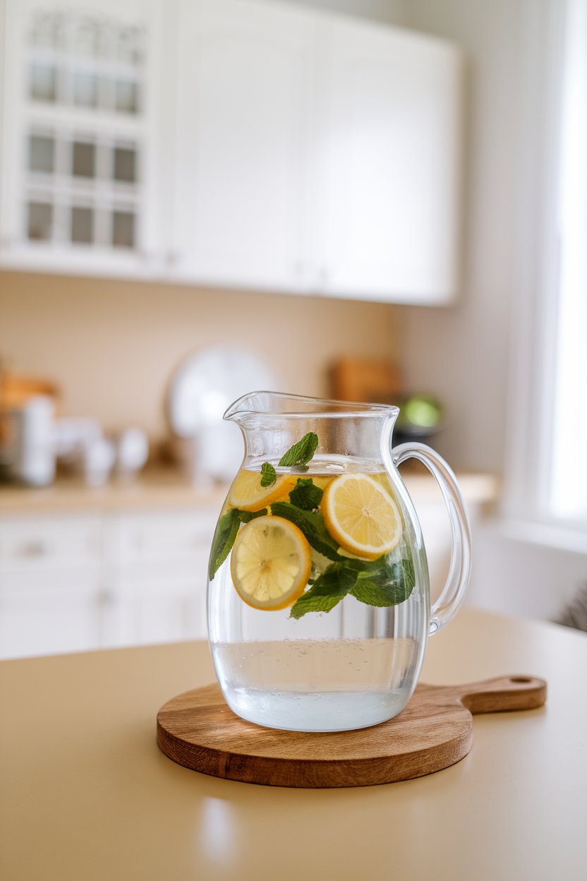 Indoor photo of a clear pitcher of water infused with lemon slices and mint on a kitchen counter. Bright light, no text or logos.