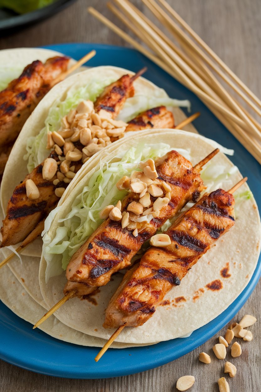 Photo of indoor platter with grilled chicken satay strips in tortillas, topped with shredded cabbage and chopped peanuts. No branding visible.