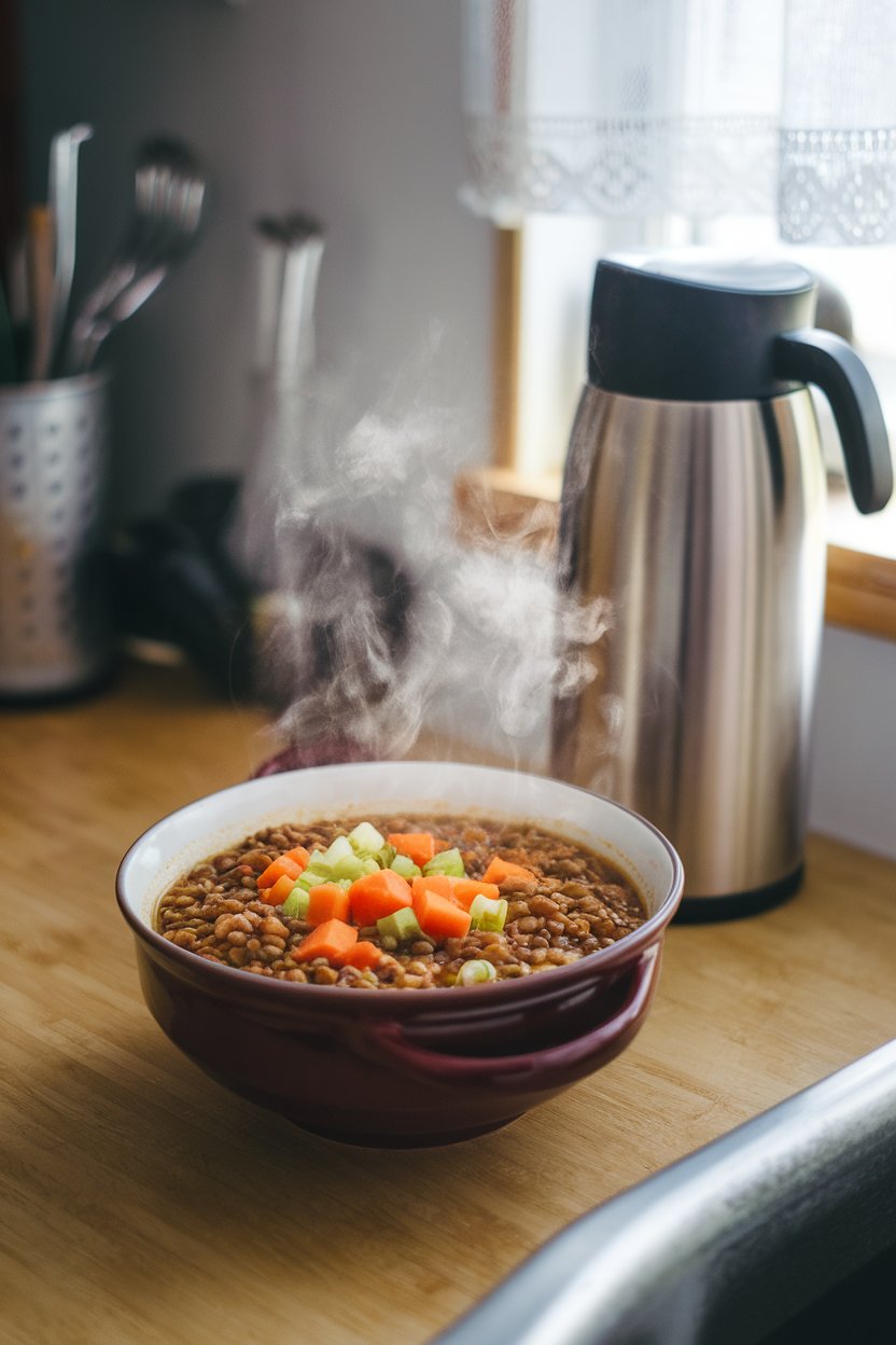 An indoor kitchen counter showing a steaming bowl of hearty lentil soup with diced carrots and celery, next to a stainless-steel thermos; no text or logos; photo