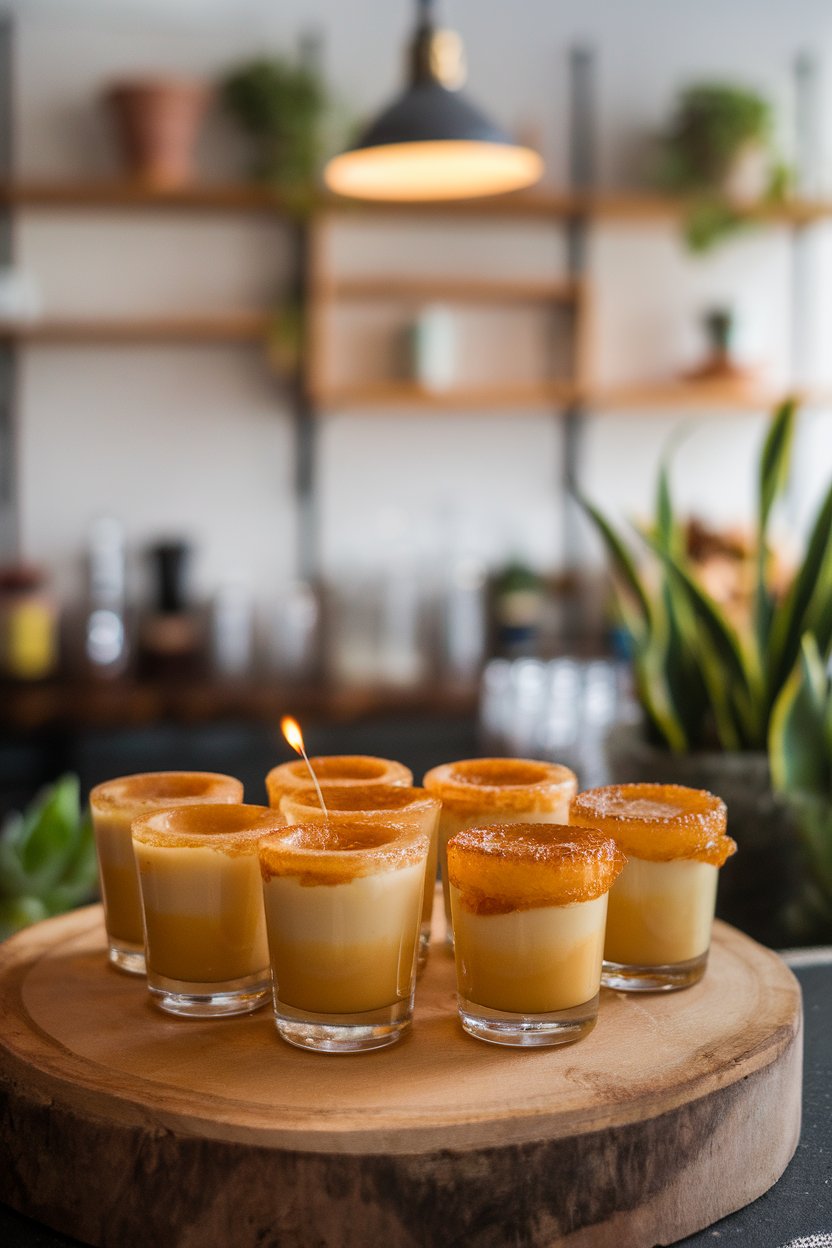Photo of golden shots with caramelized sugar crust on top, tiny torch marks visible, indoor bar; no logos.