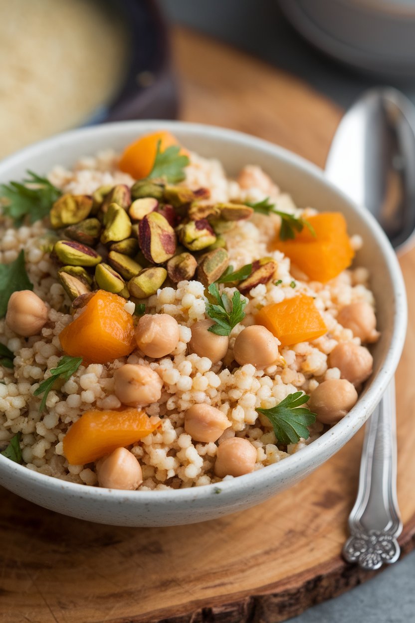 Indoor bowl of whole-wheat couscous mixed with chickpeas, diced apricots, and parsley, sprinkled with toasted pistachios. No text or logos.