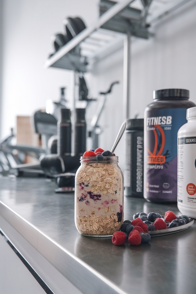 Indoor fitness-themed counter displaying a jar of oats swirled with assorted berries and a scoop of protein powder visible on the side. No text or logos. Photo not illustration.