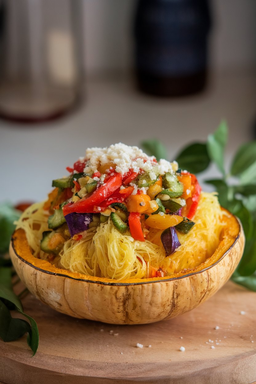 Indoor dinner bowl of roasted spaghetti squash strands topped with colorful sautéed vegetables and a sprinkle of parmesan. No text or logos, photo not illustration.