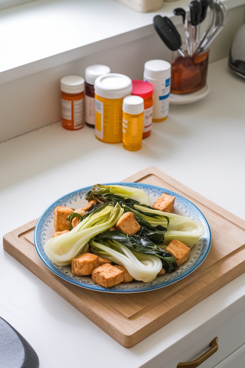 Photo of an indoor kitchen counter with prescription bottles pushed behind a vibrant plate of stir-fried bok choy and tofu; bright overhead lighting; no text or logos.
