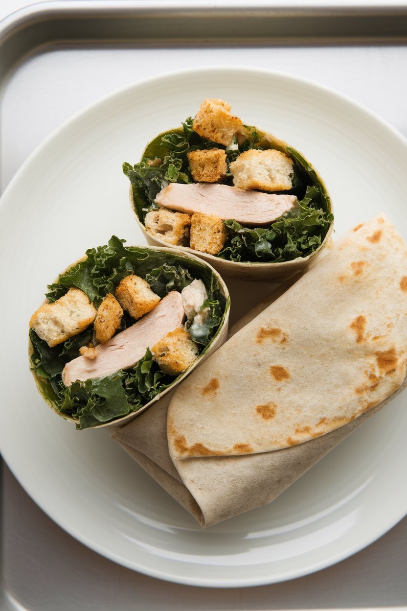 An indoor lunch tray holding a wrap cut open to show shredded kale, grilled chicken, whole-grain croutons, and light Caesar dressing. No text or logos. Photo.