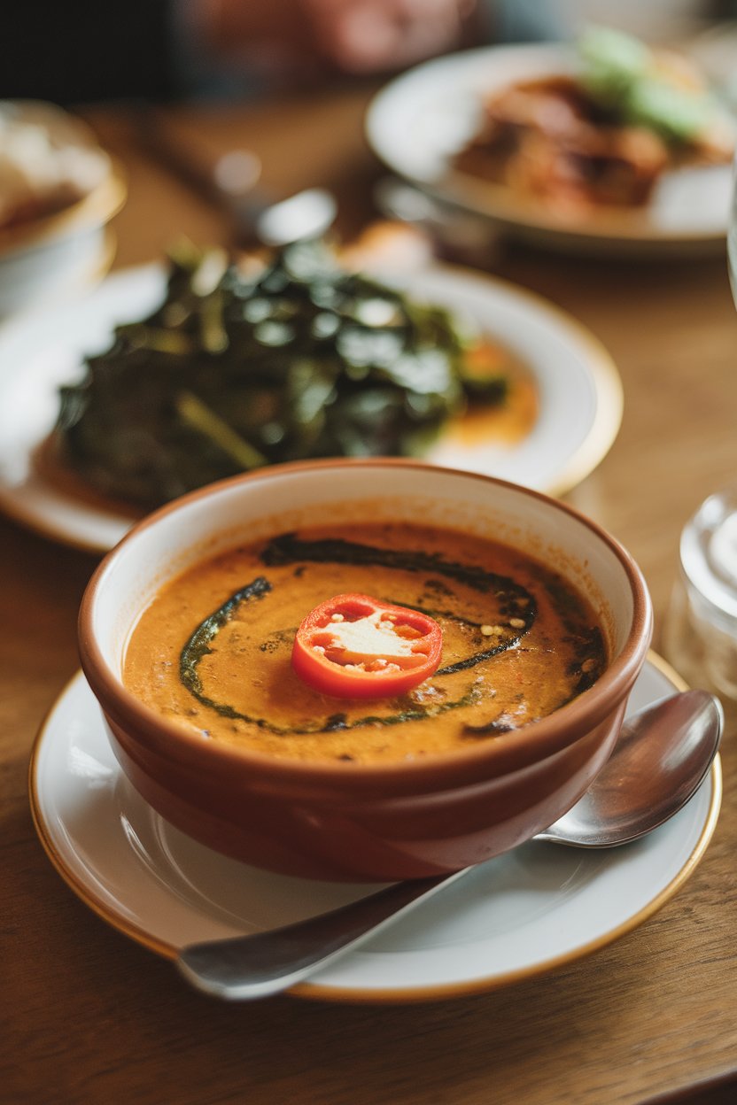 Indoor Caribbean café table with bowl of pepper pot soup, callaloo greens and Scotch bonnet pepper slice visible. No text or logos. Photo.