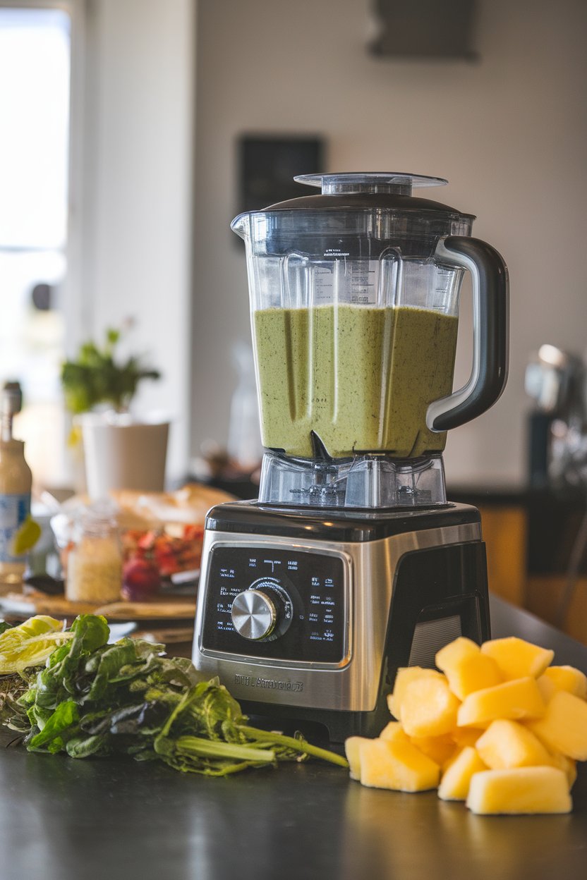 Indoor countertop photo of a sleek blender filled with a green smoothie mixture beside leafy greens and frozen fruit, no logos visible.