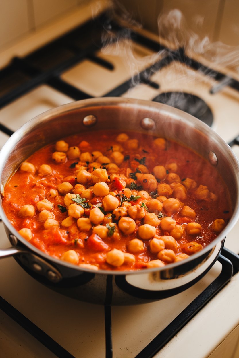 Photo of a saucepan filled with vibrant chickpea curry in a tomato-coconut sauce, steam visible, shot indoors on a stovetop. No text or brand names present.