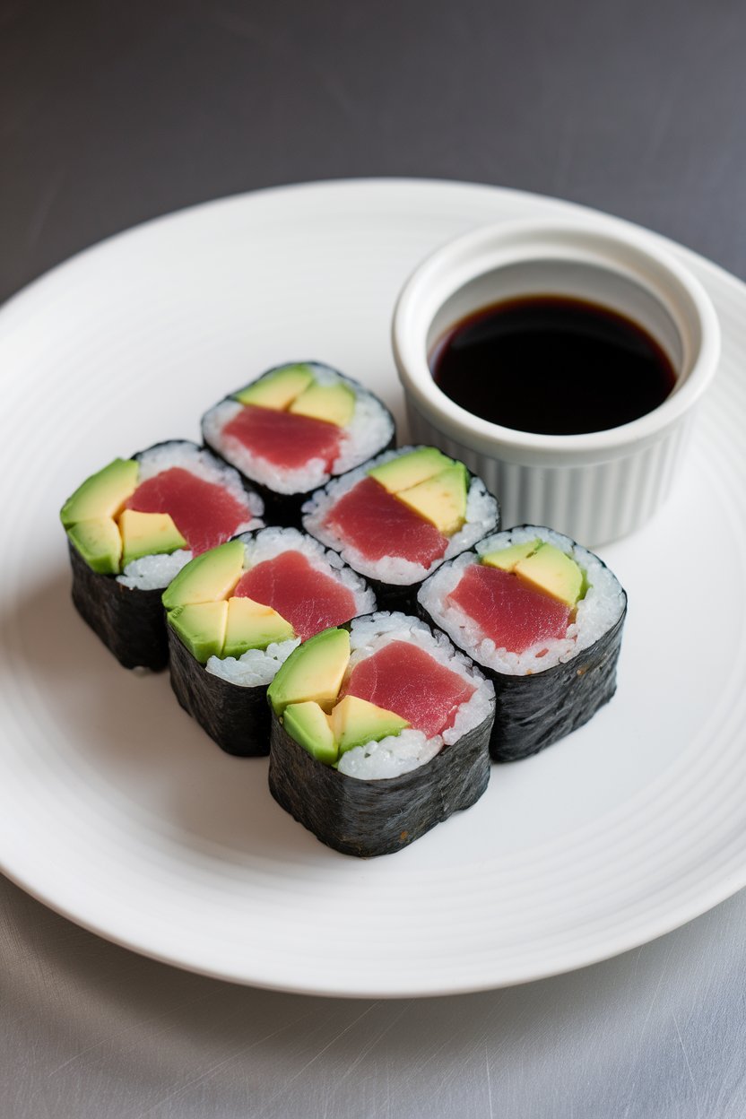 Indoor plate with sliced sushi rolls showing avocado and cooked tuna, served with small ramekin of soy sauce; no text or logos.