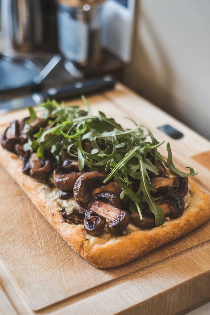 Indoor cutting board with rectangular flatbread topped with sautéed balsamic mushrooms and arugula. No text or logos.