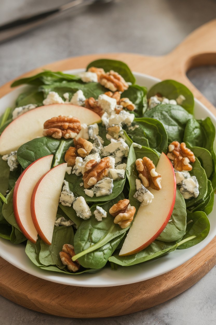 Indoor photo of a spinach salad featuring thin apple slices, crumbled blue cheese, toasted walnuts, and a light vinaigrette. No logos or text.