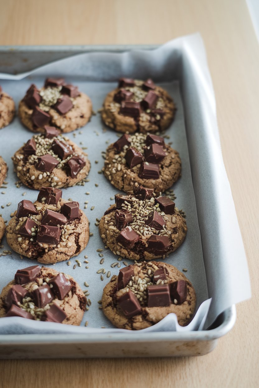Chocolate chunk cookies scattered with hemp seeds on an indoor baking tray, gentle overhead light; no branding.