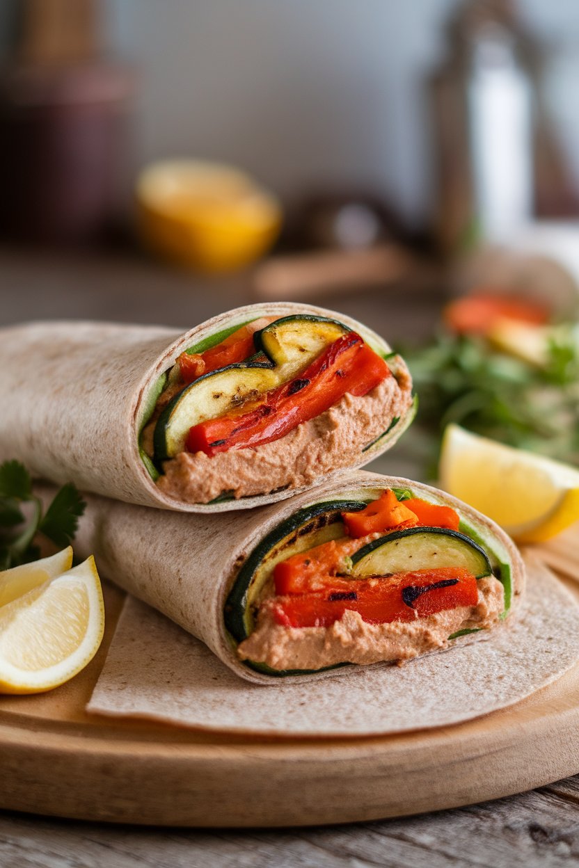 An indoor photo of a whole-wheat wrap sliced open, revealing grilled zucchini, bell peppers, and a thick smear of hummus; no text or logos; photo.