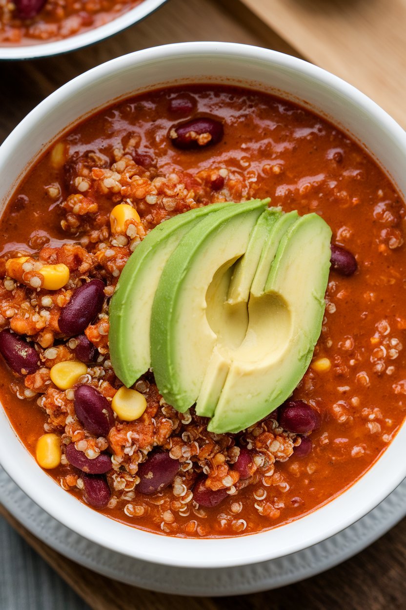 Indoor photo of thick red quinoa chili soup with kidney beans and corn, avocado slices on top; no text or logos