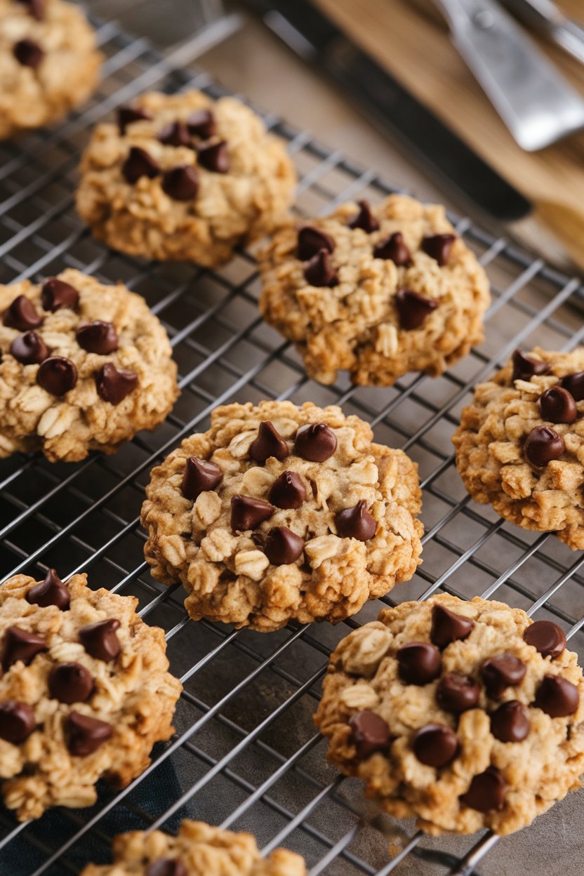 A cooling rack indoors with round, golden banana oat cookies dotted with dark chocolate chips; photo only, no text or logos.