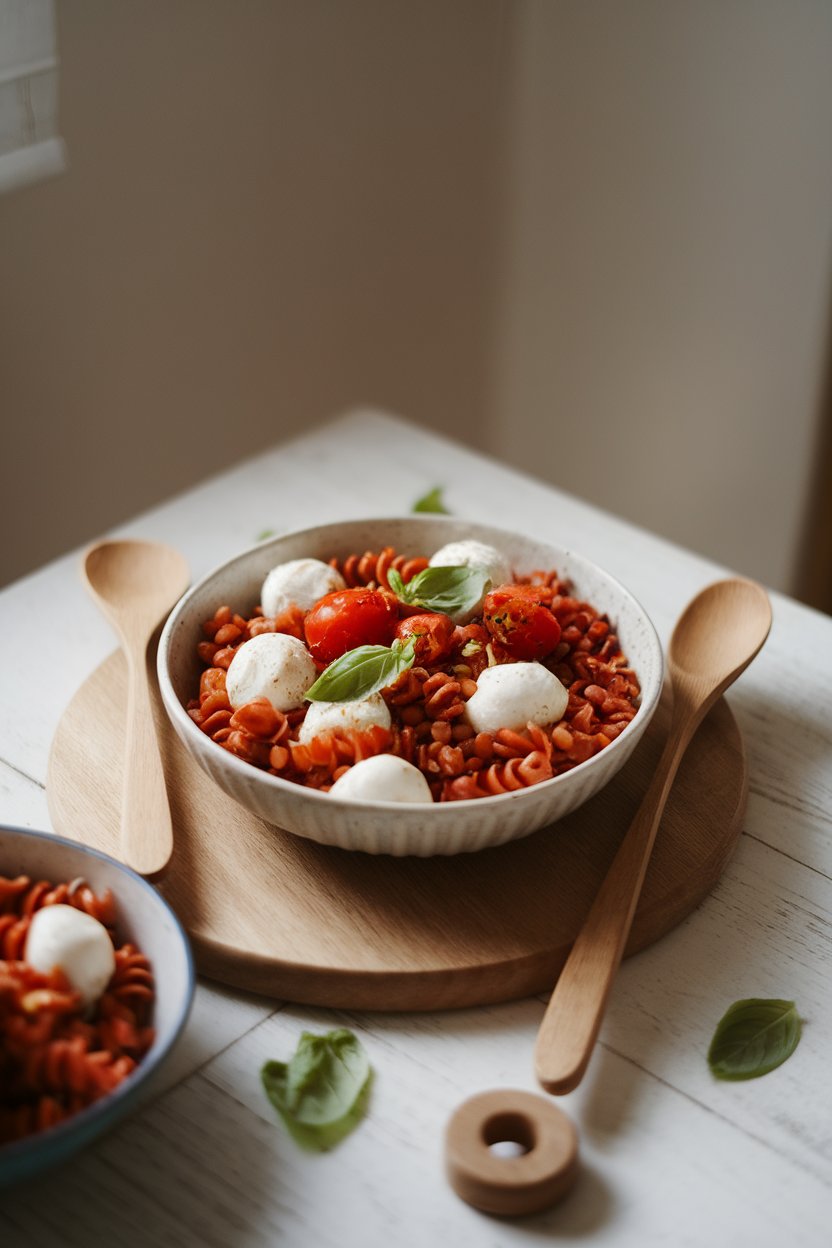 A softly lit indoor table displaying a bowl of red lentil pasta, mini mozzarella balls, cherry tomatoes, and basil leaves; no text or logos.