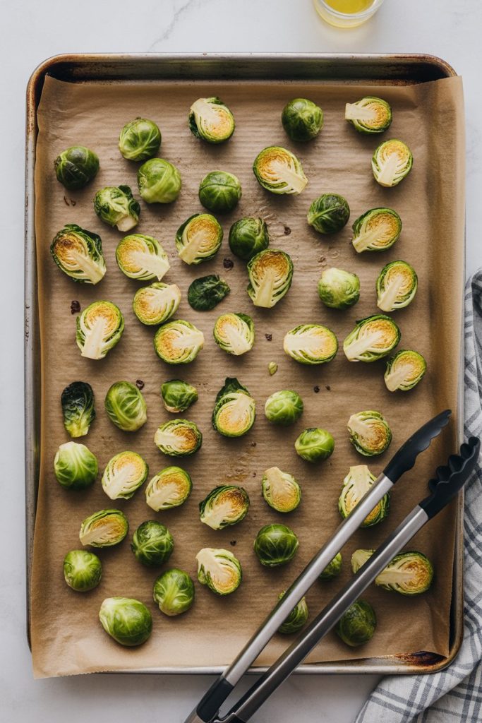 An indoor baking sheet lined with parchment and halved Brussels sprouts roasted to golden-brown perfection, tongs nearby; no text or logos. Photo.