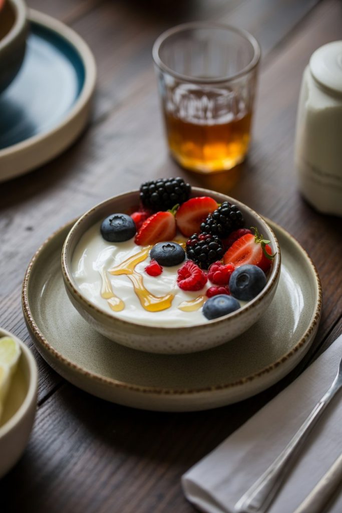 An indoor breakfast table with a small bowl of plain yogurt topped with fresh berries and a drizzle of honey—photo, no logos.