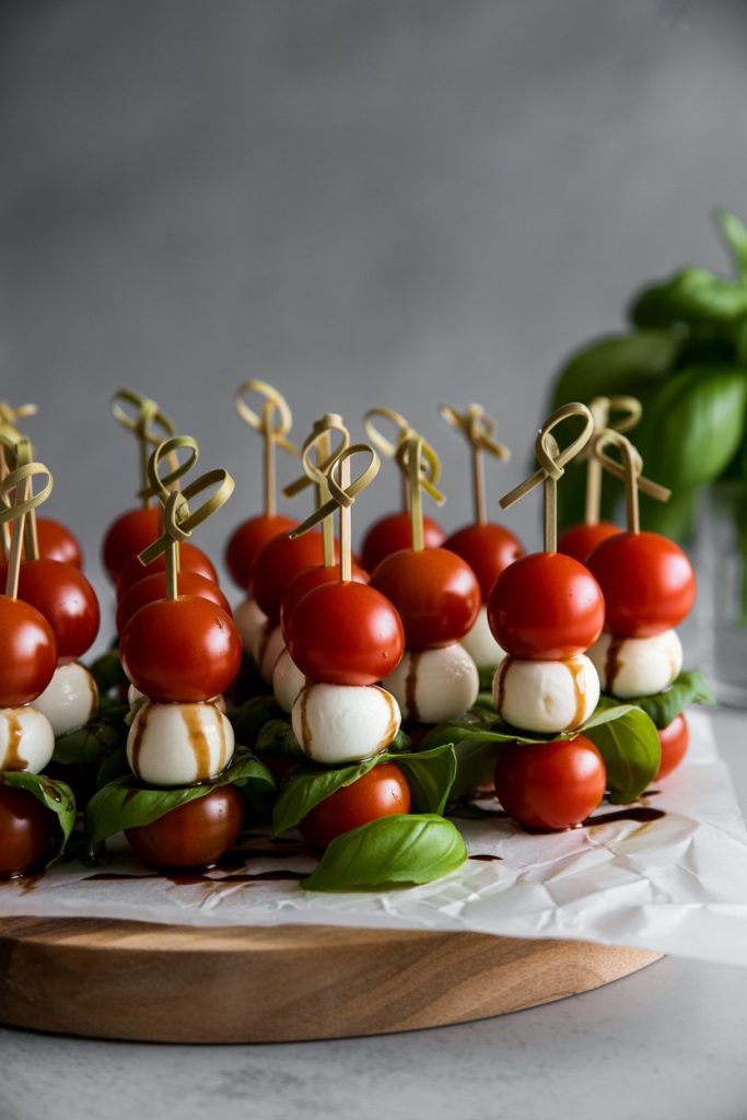 An indoor serving board lined with mini skewers alternating cherry tomatoes, mozzarella pearls, and basil leaves, drizzled with balsamic glaze. No text or logos present.