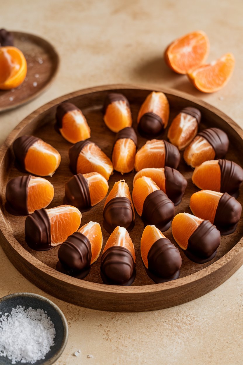 An indoor tray with clementine segments half-dipped in dark chocolate, sea salt sprinkled; no text or logos, photo only