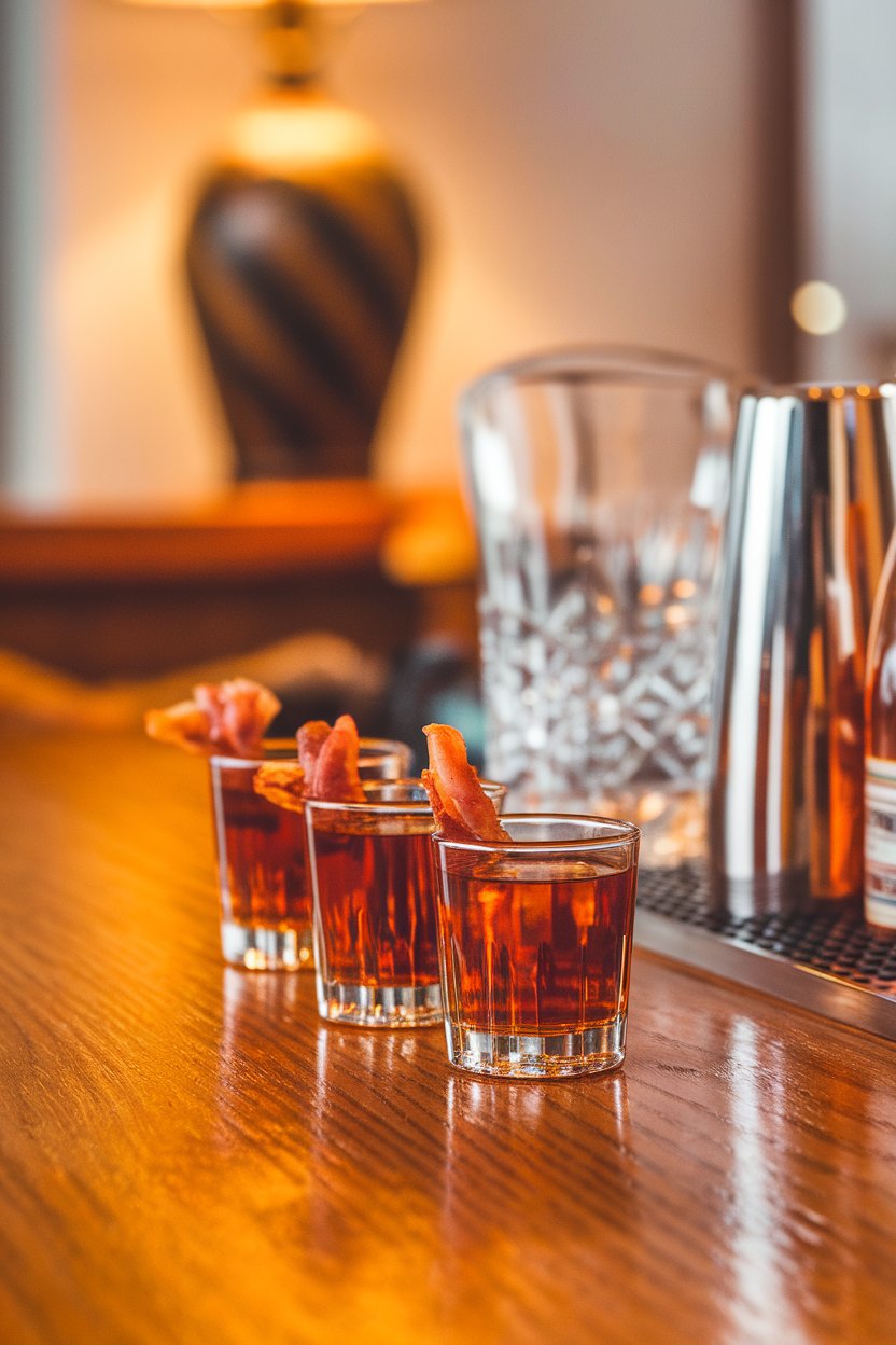 Photo of amber maple bourbon shots with tiny bacon chip garnish on an indoor oak bar; no text or logos.