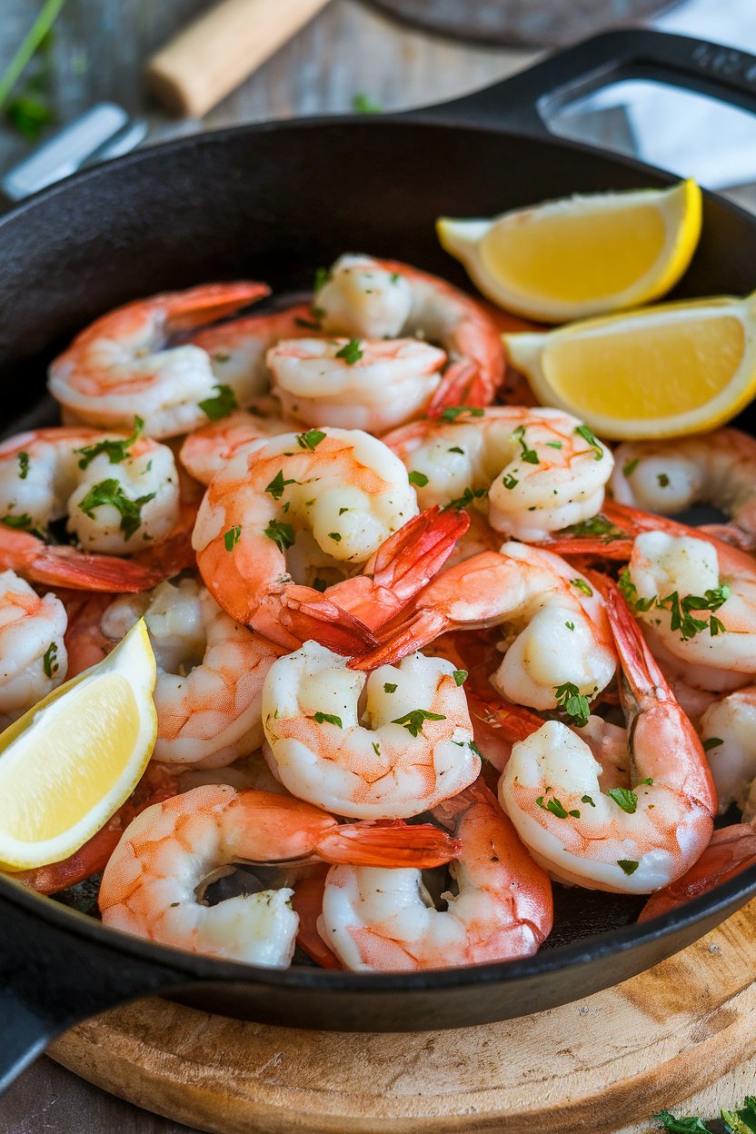 A cast-iron skillet indoors filled with cooked shrimp coated in garlic butter, flecks of parsley, lemon wedges on the rim—no text or logos. Photo.