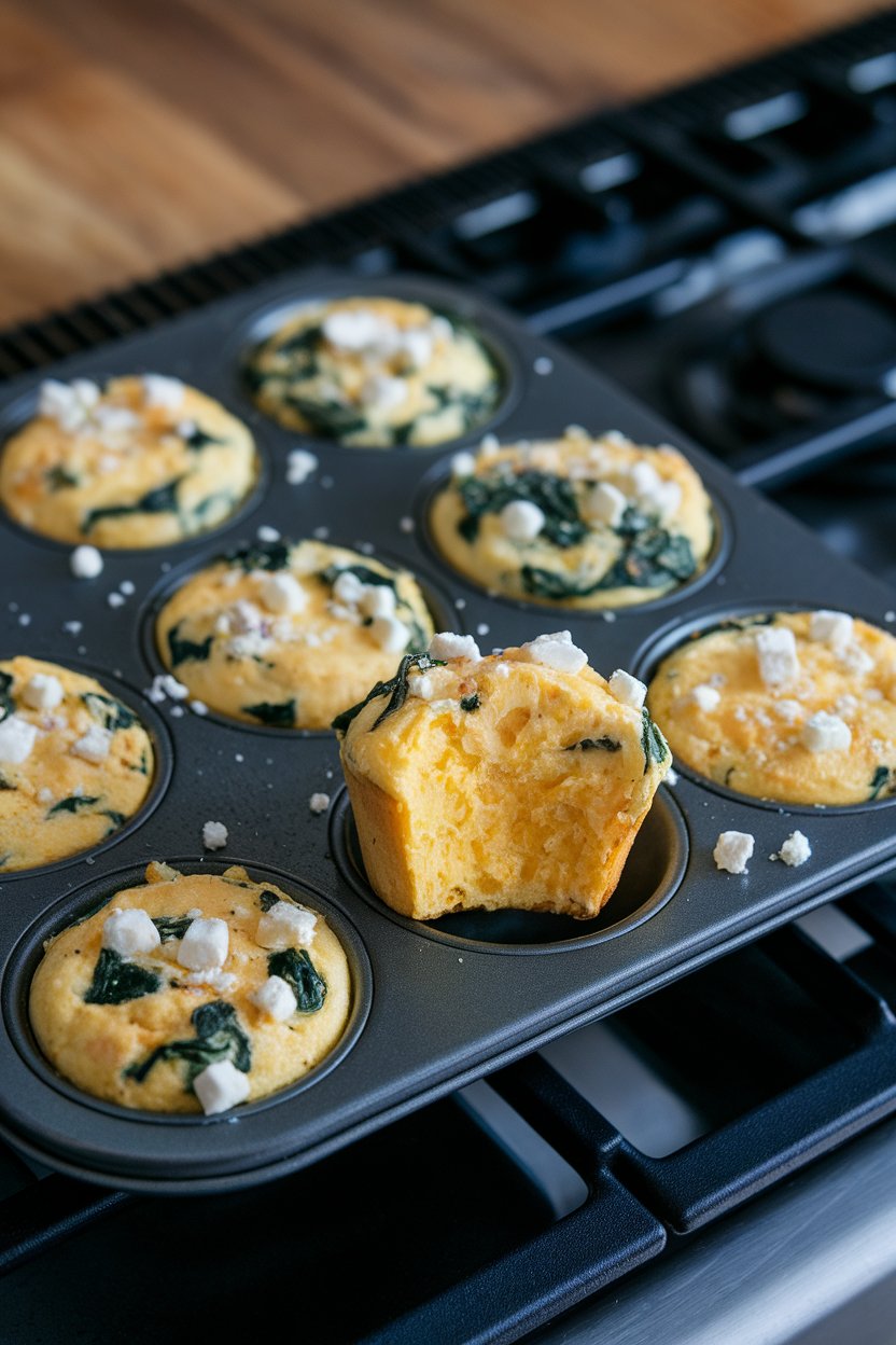 A muffin tin on an indoor stovetop filled with baked egg muffins speckled with spinach and feta, one muffin lifted to show the fluffy interior. No text or logos. Photo, not illustration.