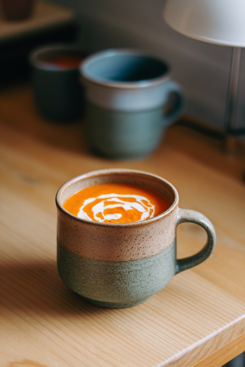 An indoor ceramic mug containing velvety orange carrot soup swirled with coconut milk, placed on a wooden desk. No text or logos visible. Photo only.