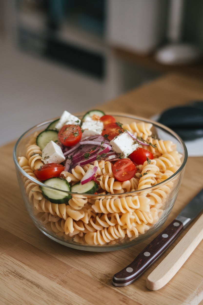 Indoor scene featuring a glass bowl of rotini pasta tossed with cherry tomatoes, cucumber rounds, feta cubes, red onion slivers, and oregano. Photo only, no text or logos.