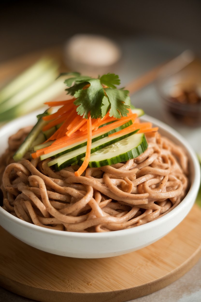 Photo prompt: Indoor serving bowl of chilled whole-wheat noodles coated in peanut dressing with julienned cucumbers, carrots, and cilantro. No text or logos.
