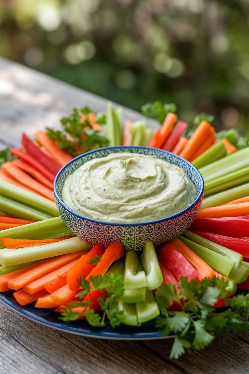 An indoor platter of colorful carrot, celery, and bell pepper sticks encircling a bowl of creamy green avocado ranch. No text or logos. Photo, not illustration.