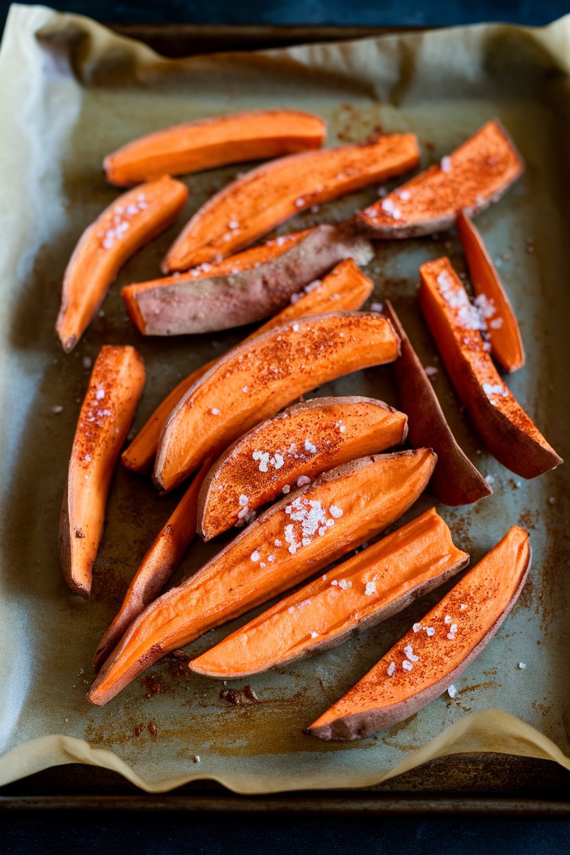 A photo of a parchment-lined baking sheet indoors, piled with roasted sweet potato wedges dusted in smoked paprika and sea salt. No logos or text.