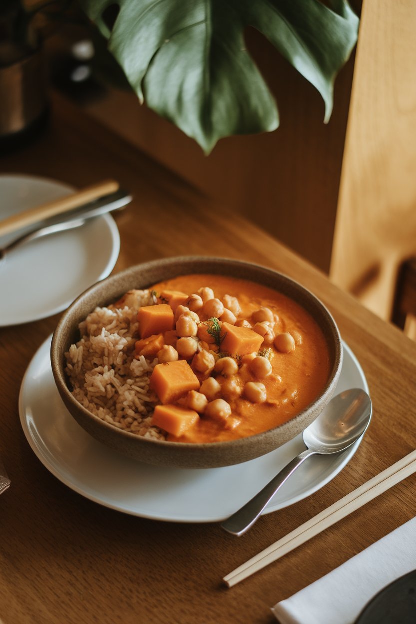 An indoor dining table showing a bowl of orange coconut curry dotted with butternut cubes and chickpeas, served with brown rice; photo only, no text or logos.
