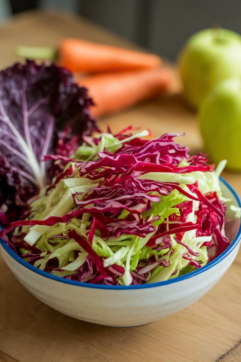 An indoor bowl of colorful slaw made from shredded red and green cabbage tossed in a light apple cider vinaigrette. Photo, no text or logos.