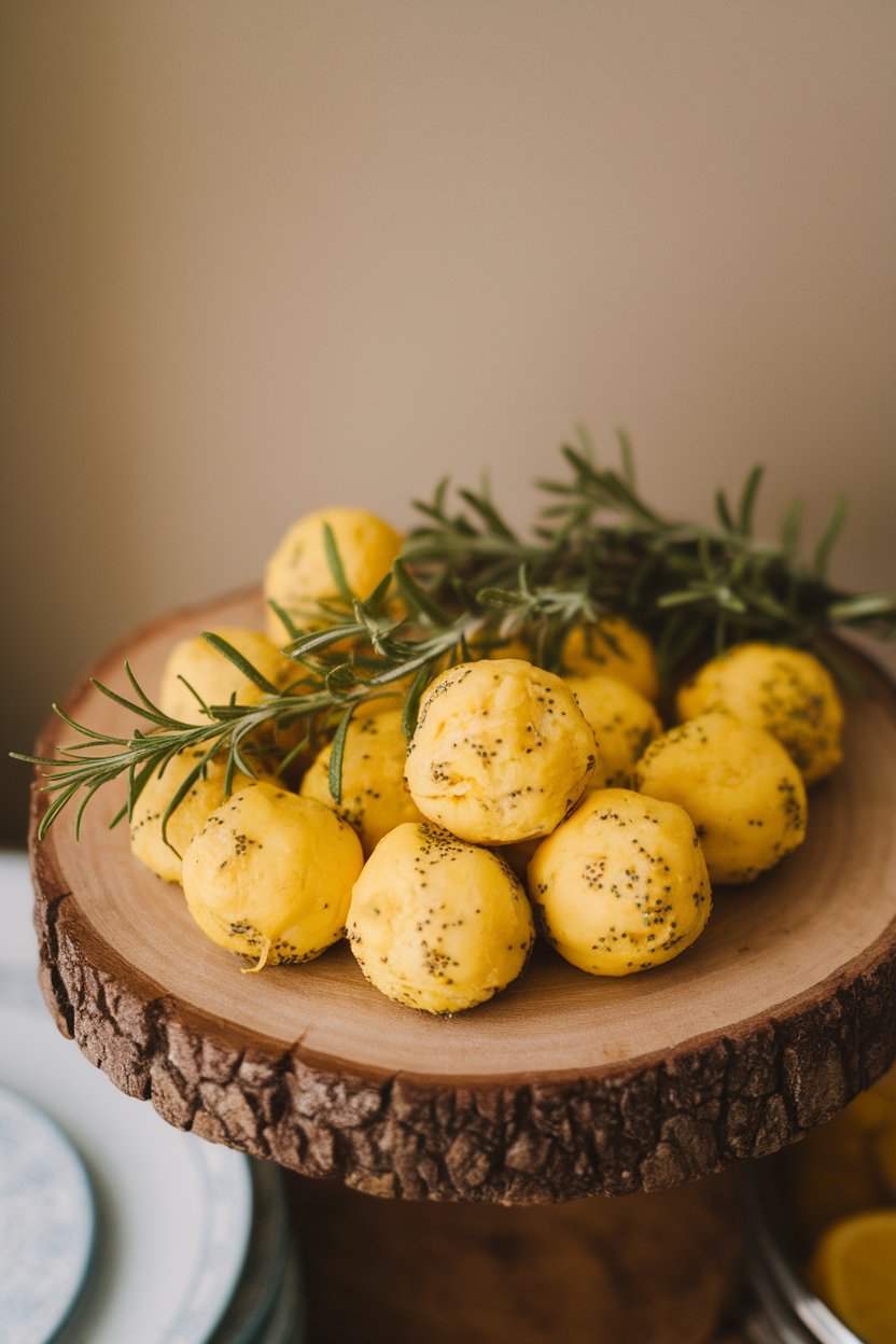 An indoor wooden platter with bright yellow lemon poppy seed balls, photo only, no text or logos.