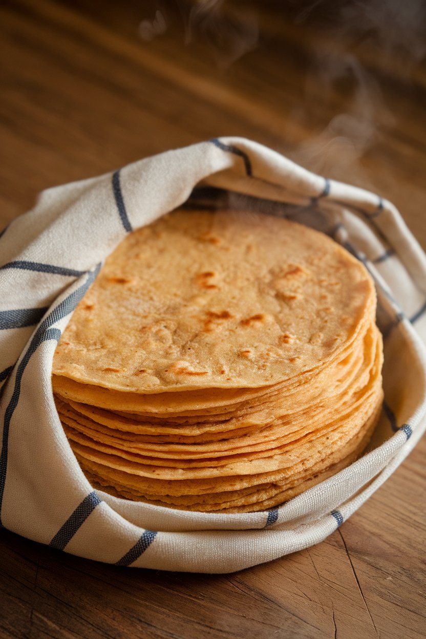 Indoor photo of a stack of warm corn tortillas wrapped in a cloth napkin, slight steam rising, no text or logos