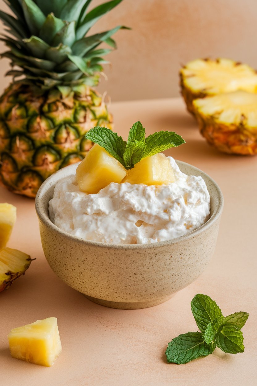 A small ceramic bowl indoors filled with low-fat cottage cheese crowned by pineapple chunks and a few mint leaves. No text or logos in sight.