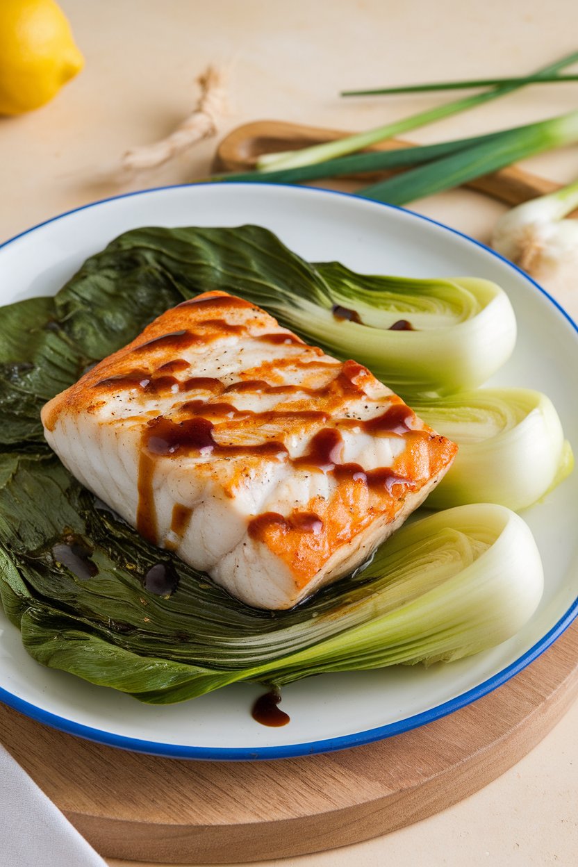 An indoor plate showing browned cod fillet brushed with miso glaze beside vibrant steamed bok choy; no brand names.