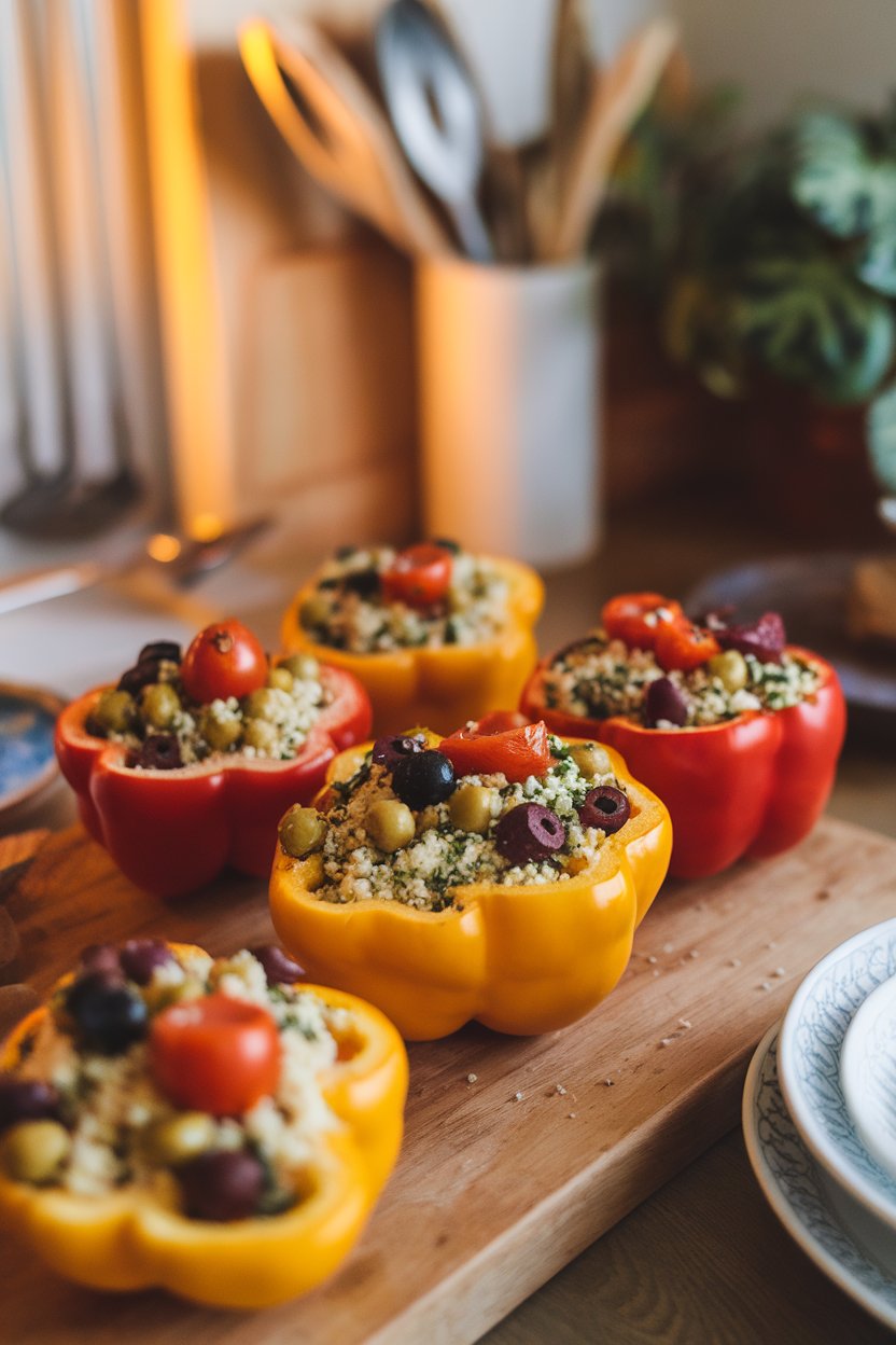 An indoor dining table with vibrant bell peppers cut in half and filled with herbed couscous, chickpeas, olives, and cherry tomatoes, lightly browned on top. No text or logos.