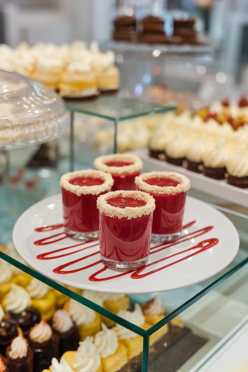 Photo of crimson creamy shots, cream-cheese frosting rim, indoor dessert bar; no logos.
